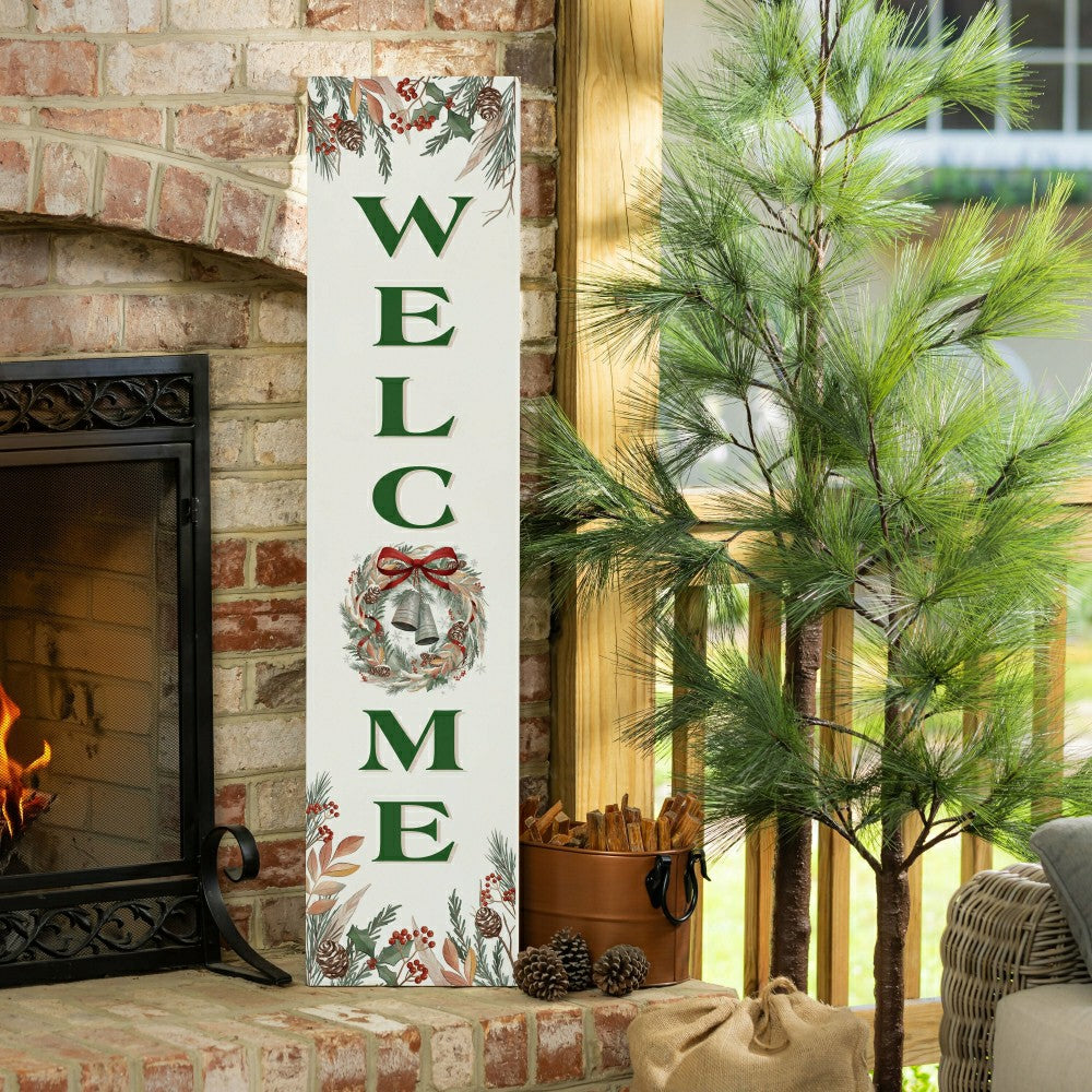 Winter Grove Wreath And Bell Porch Leaner, "Welcome", 46"H | Plow & Hearth