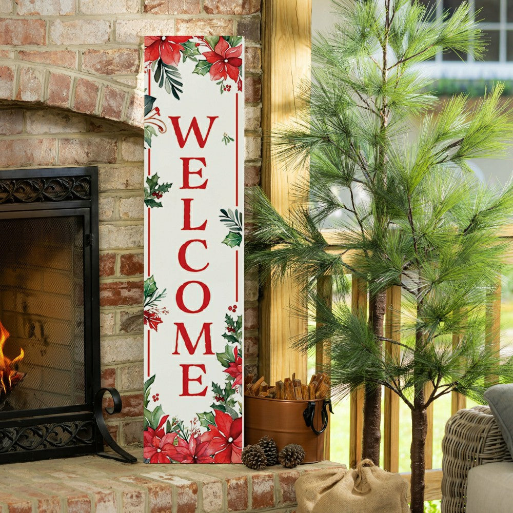 VivaStyle Poinsettia Bliss Porch Leaner, "Welcome", 46"H | Plow & Hearth
