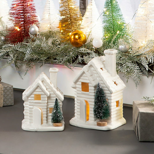 Lighted Houses with Bottle Brush Trees, Set of 2 | Plow & Hearth
