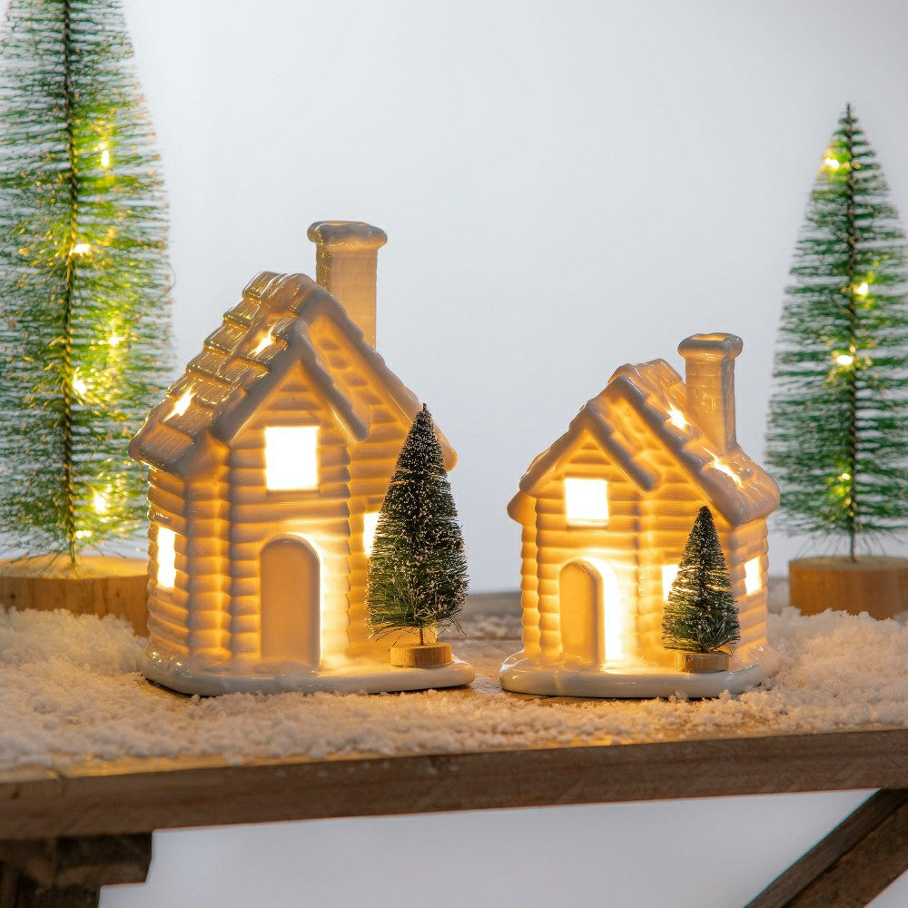Lighted Houses with Bottle Brush Trees, Set of 2 | Plow & Hearth