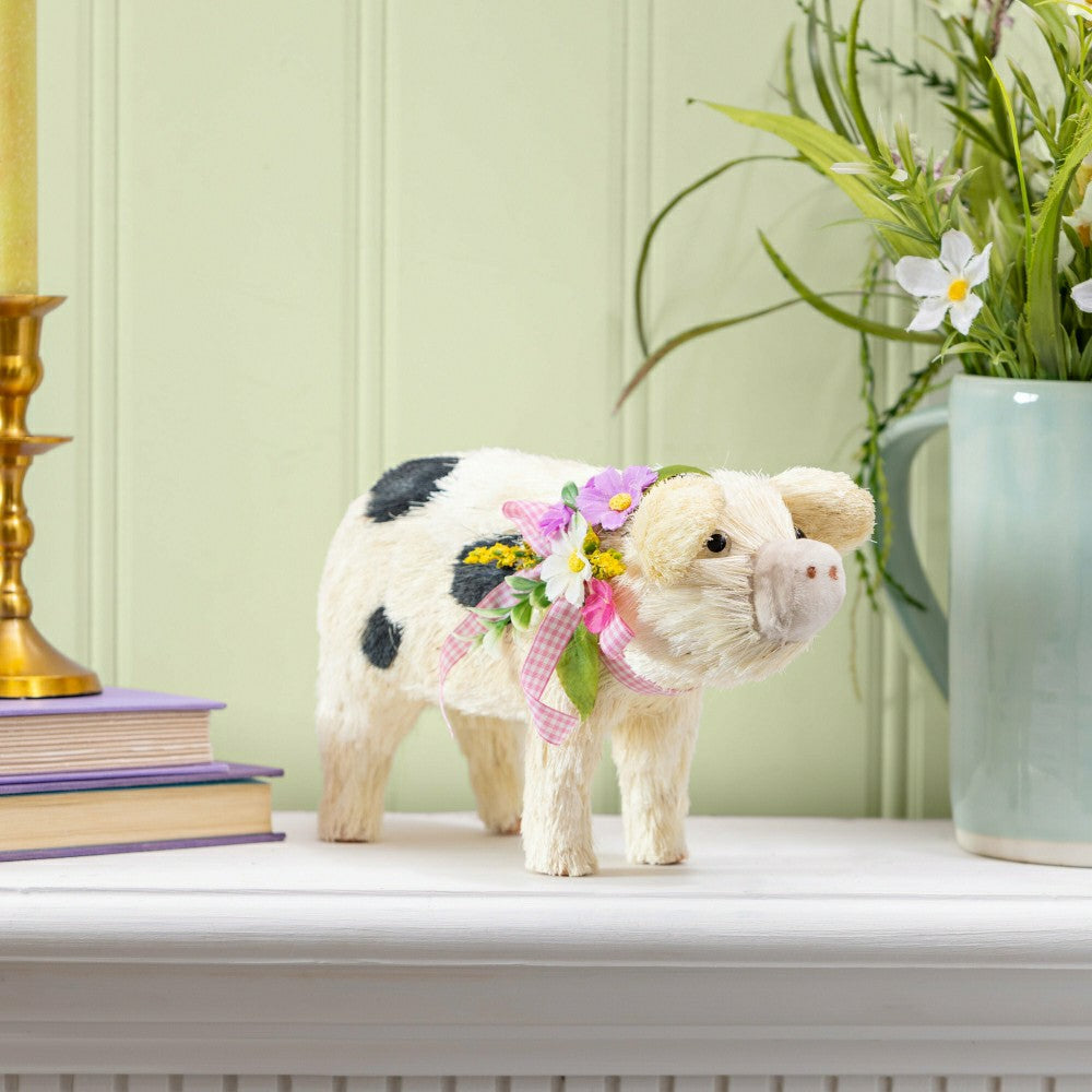 Hillside Pasture Table Decor Natural Fiber Floral Pig, 10.75"L | Plow & Hearth