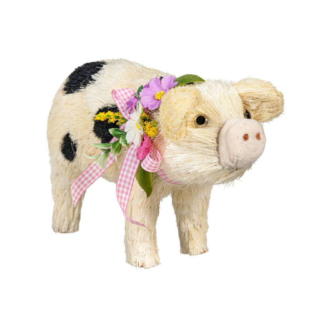 Hillside Pasture Table Decor Natural Fiber Floral Pig, 10.75"L | Plow & Hearth
