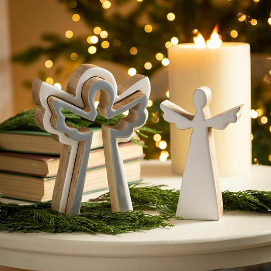 Nativity Table Decor Wood Nested Angel, 8" | Plow & Hearth