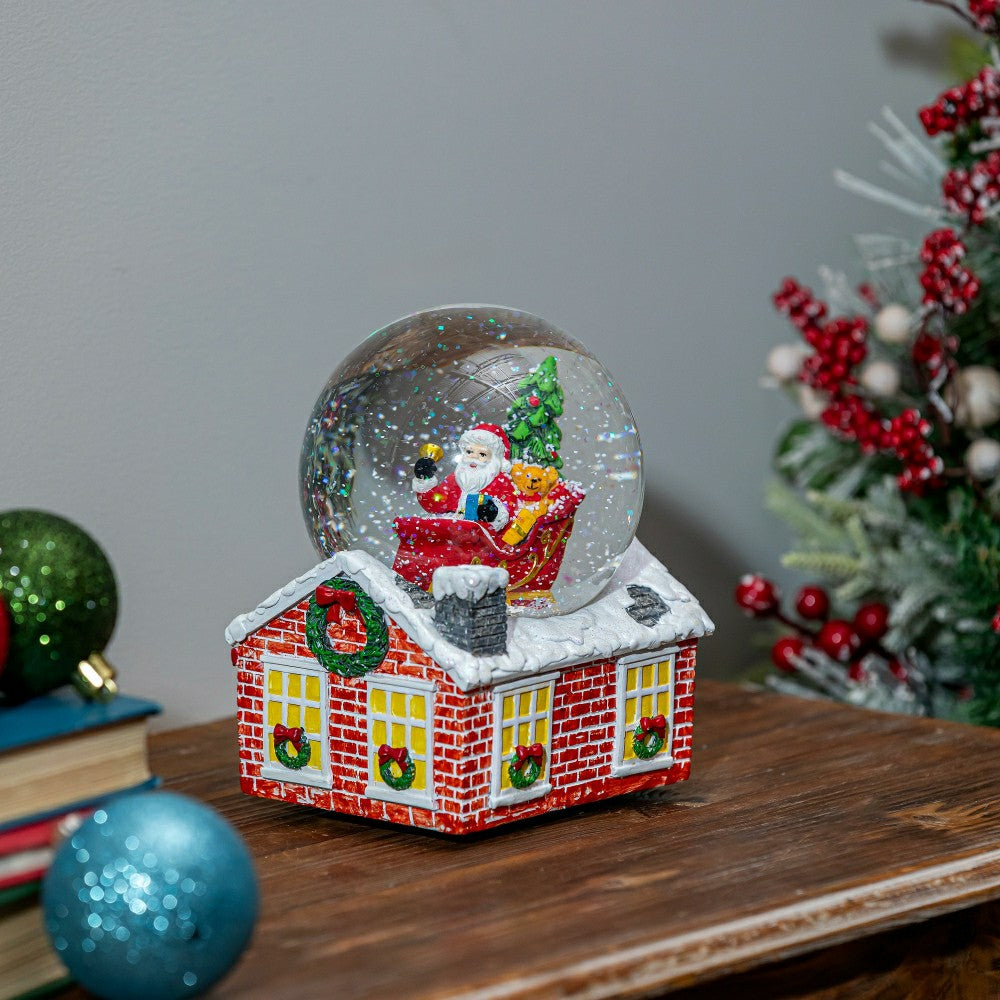 Heartfelt Cheer Water Globe Resin Santa in Sleigh with House Base, 7.2 | Plow & Hearth