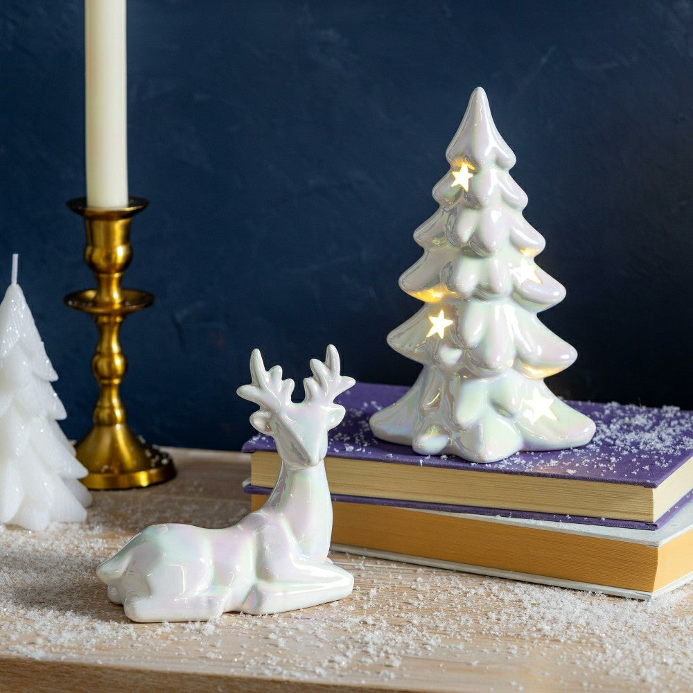 Season to Sparkle LED Table Décor Ceramic Iridescent Tree with Star Cu | Plow & Hearth