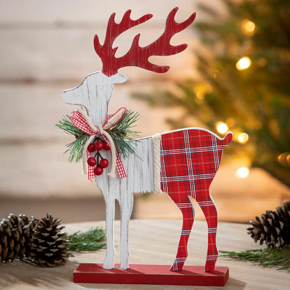 Deer with Plaid Design and Artificial Wood Table Décor, 15" | Plow & Hearth