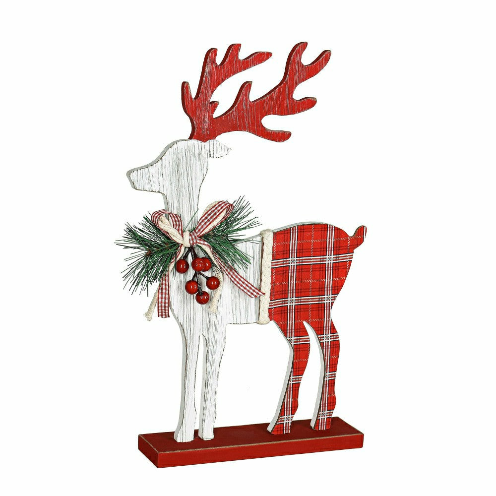 Deer with Plaid Design and Artificial Wood Table Décor, 15" | Plow & Hearth