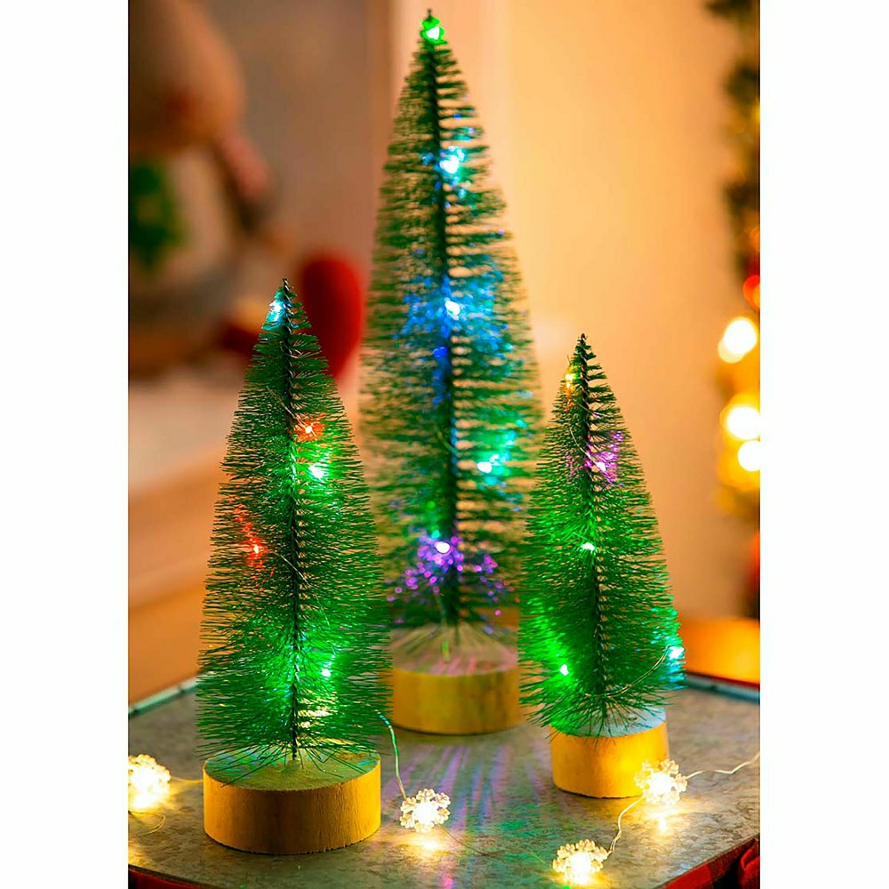 Bottle Brush Trees with LED String Lights, Set of 3 | Plow & Hearth